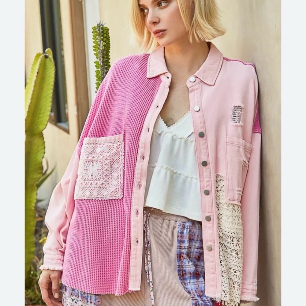 Pol Pink Patchwork Distressed Shacket Grunge Croc… - image 1